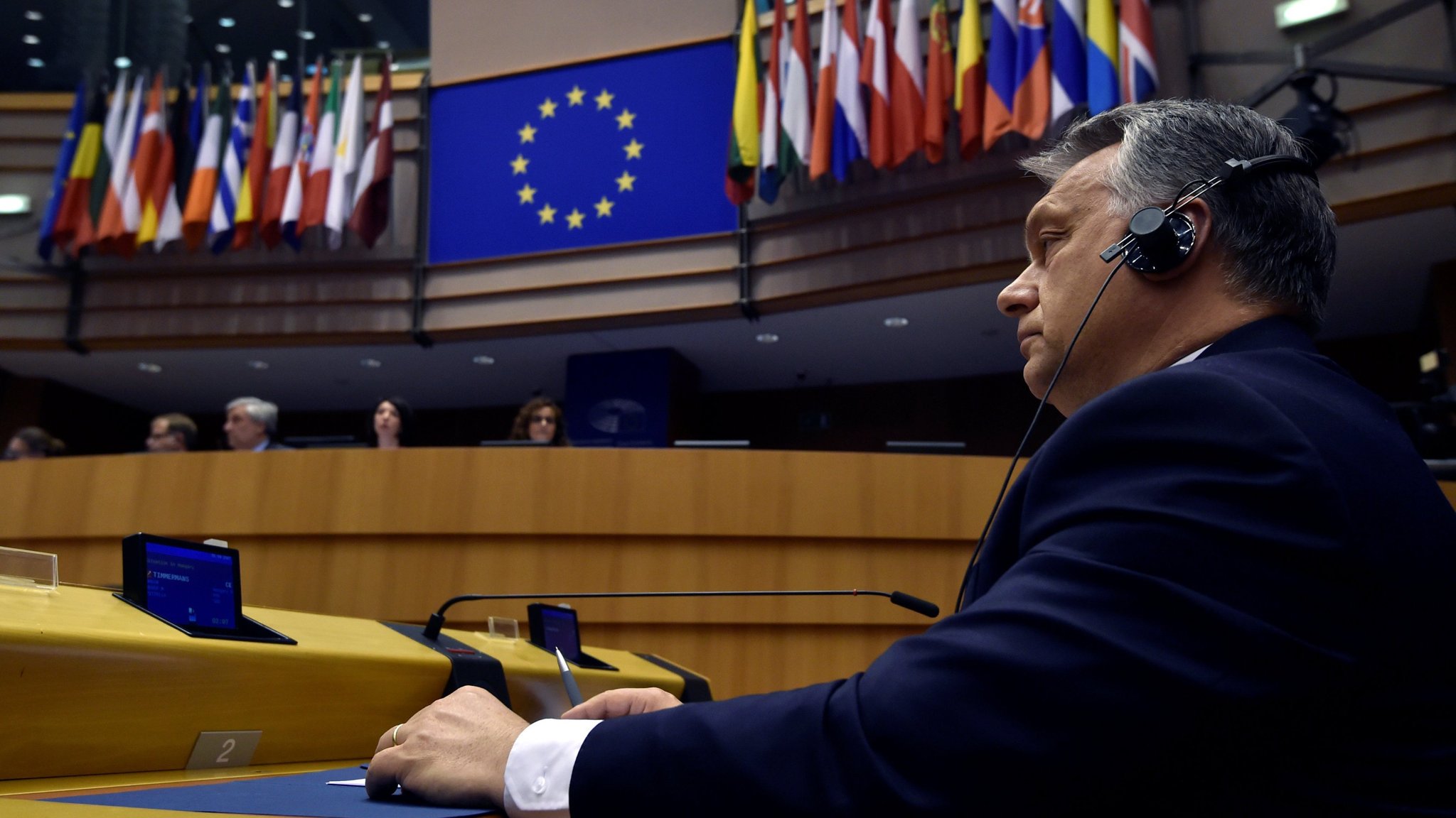 Hungary's Prime Minister Viktor Orban looks up during a plenary session at the European Parliament (EP) in Brussels, Belgium April 26, 2017. REUTERS/Eric Vidal